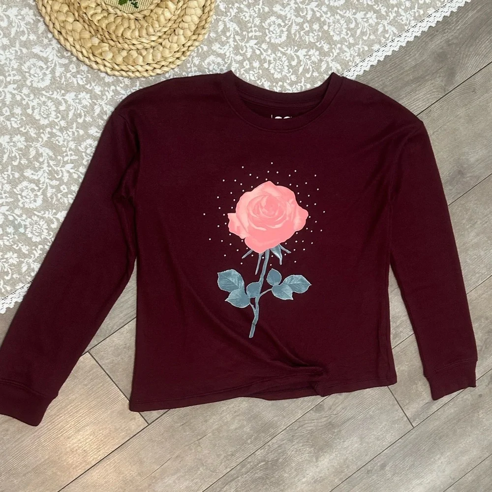 New SO Girls Rose Floral Graphic Long Sleeve Pullover Buttery Soft Size Large